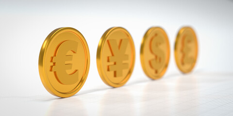 Golden coins representing the currencies Euro, Yen / Yuan, Dollar and Pound. Scale paper as base. Euro coin in focus in front. Selective focus