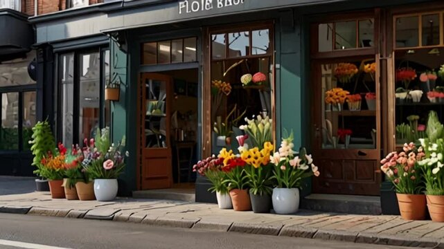 Flower shop on the side of the road with blue painted walls, some flowers displayed in front of the shop