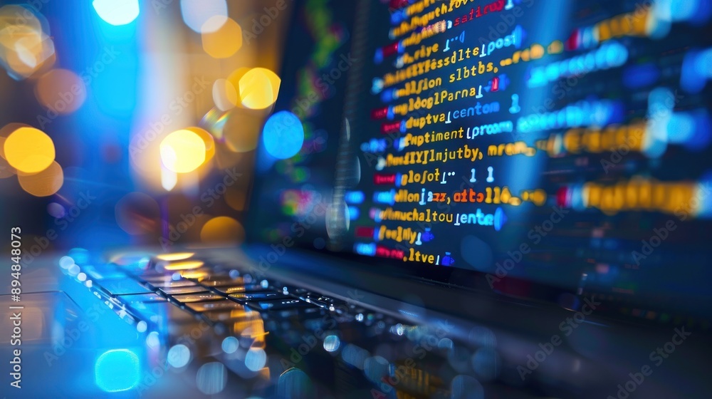 Poster laptop with code and bokeh lights