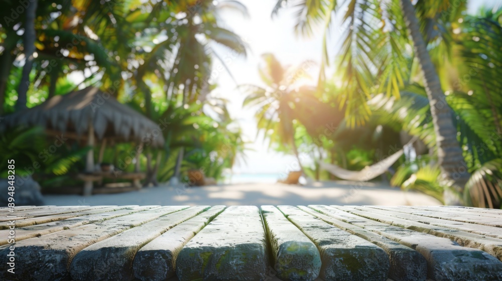 Poster a wooden table top with a beach and palm trees in the background.