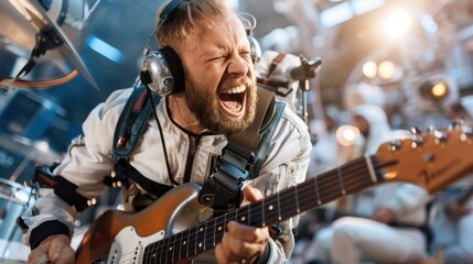 Fototapeta premium A musician in a futuristic setting plays an electric guitar while wearing astronaut gear, surrounded by advanced technology and other performers in similar attire.