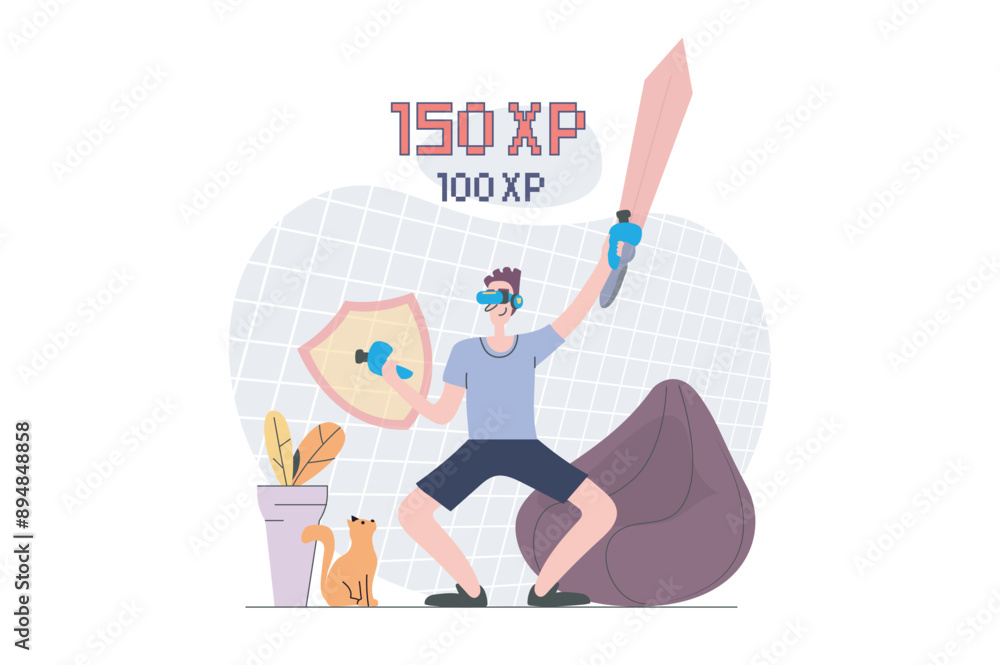 Poster virtual reality concept in modern flat design for web. man in vr headset and controllers paying game