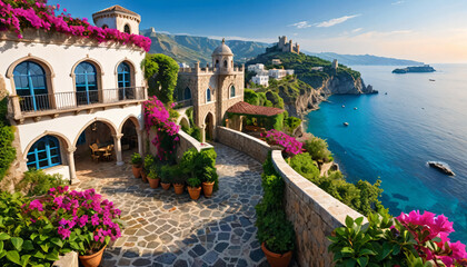 Coast, beautiful castle, sunny, spectacular view, azure water, coastline, towering cliffs, historic architecture, stone walls, exquisite details, ornate decorations, lush greenery, flower.