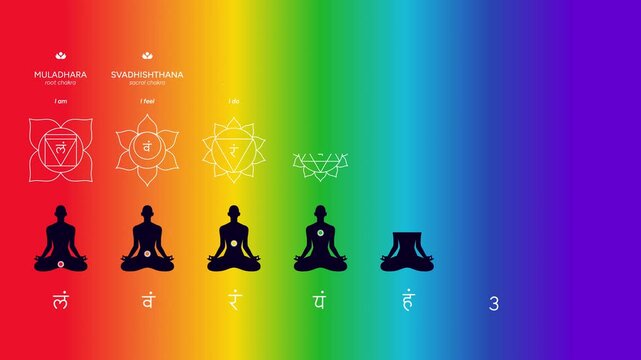 Chakras infographic, names, titles, line art symbol icons 4K motion video. Silhouette of a human body in a lotus position animation. Chakra system information illustration on rainbow gradient backgrou