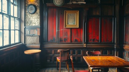 A blank picture frame hanging on the old textured wooden wall in a cosy old english or irish pub
