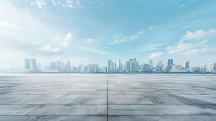 Concrete floor or slab, concept of car sale, auto, automobile, automotive empty space or area in showroom, shop or store. Background design with sky sunset and green urban city for product display. 