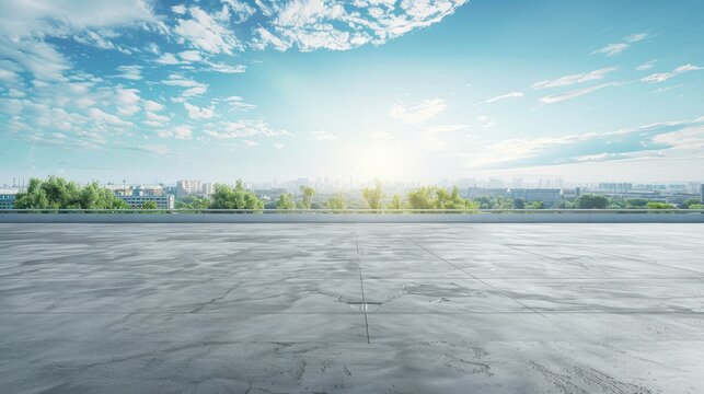 Concrete floor or slab, concept of car sale, auto, automobile, automotive empty space or area in showroom, shop or store. Background design with sky sunset and green urban city for product display. 