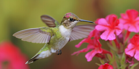 Obraz premium A vibrant hummingbird hovers near bright pink flowers, captured mid-flight with wings blurred against a soft green background