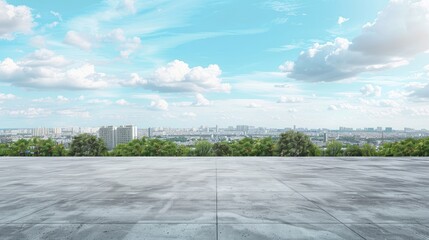 Concrete floor or slab, concept of car sale, auto, automobile, automotive empty space or area in showroom, shop or store. Background design with sky sunset and green urban city for product display. 