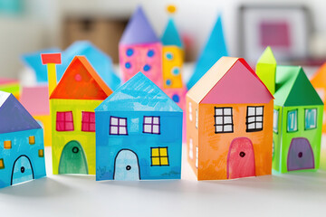 Colorful paper houses and flowers on gray background