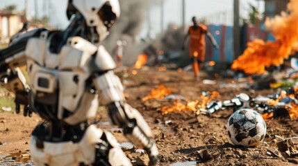 A robotic figure is seen playing soccer in a chaotic environment engulfed with fire and debris, with a clear showcase of destruction and action around it.