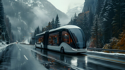 Driving Intercity Bus on a Mountain highway. Generative  AI