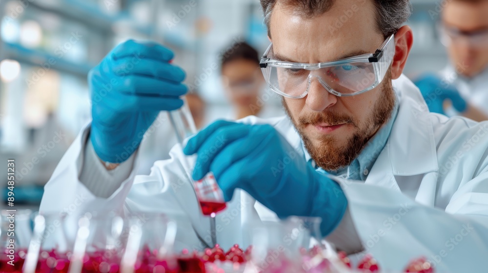 Poster a chemist meticulously handles a red chemical solution using precision tools in a controlled laborat