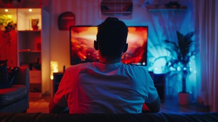 Fototapeta premium a man sitting in front of a tv in a living room
