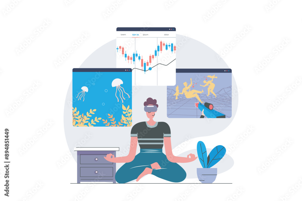 Poster virtual reality concept in modern flat design for web. man in vr headset paying shooter game and onl