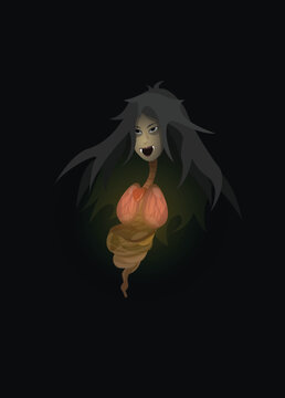 Cartoon Filth-Eating Spirit Ghost Krasue Thai style in Halloween on Dark background