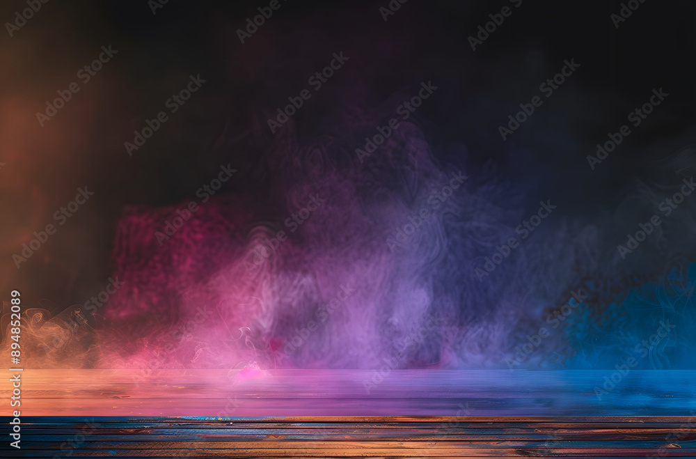 Poster empty wooden table with colorful smoke float up on dark background