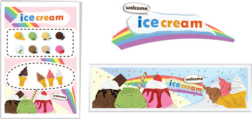 Fototapeta premium Cartoon Banner advertising media for ice cream variety of flavors be palatable an example of a summer welcome.
