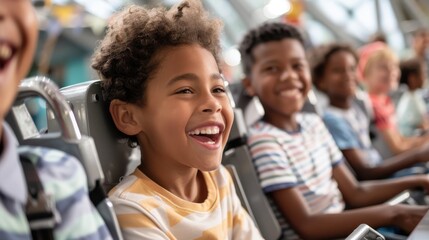 Obraz premium Joyous children with bright smiles experience the rush of a thrilling ride at an indoor amusement park, surrounded by vibrant colors and a lively buzz of excitement.