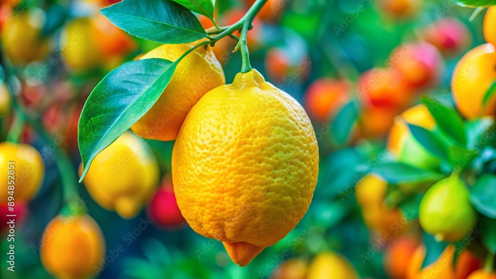 Poster close-up of a ripe lemon on a tree branch.