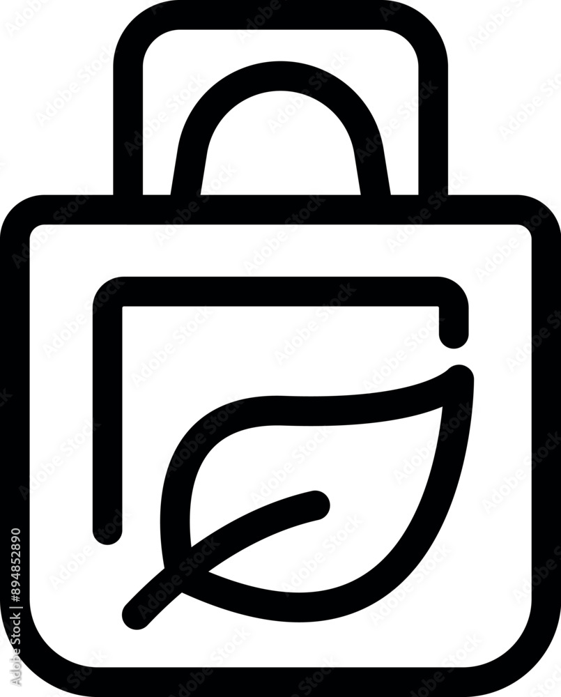 Poster line icon of a reusable shopping bag with a leaf representing environmental responsibility