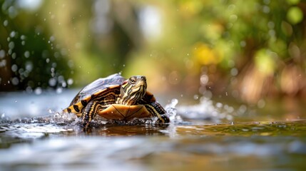 In this engaging image, a turtle splashes energetically through a peaceful stream, portraying both the liveliness of the turtle and the tranquility of its natural surroundings.