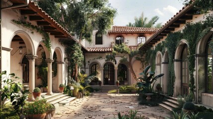 Fototapeta premium Generate a prompt for a photo realistic image of a Mediterranean villa with a central courtyard, terracotta roof tiles, and arched windows.