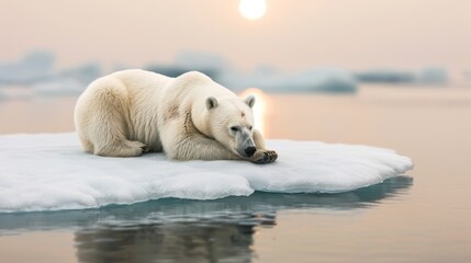 Serene Arctic Polar Bear Resting on Melting Ice Floe at Sunset