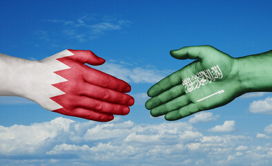 Bahrain and Saudi Arabia country handshaking with flags, consensus concept international co-operation illustration