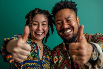 Portrait of a happy multiethnic couple in their 30s showing thumbs up