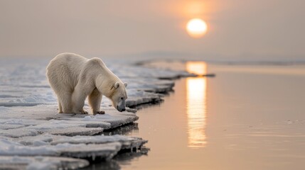 Polar Bear Walking on Melting Arctic Ice Shelf at Sunset