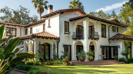 Obraz premium Generate a prompt for a photo realistic image of a Spanish Colonial Revival residence with stucco walls, tiled roof, and wrought iron details.