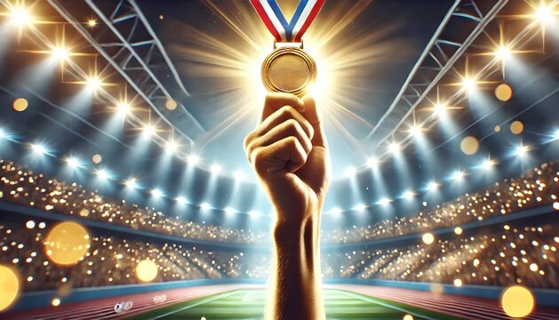 Hand Raised with Gold Medal in Stadium