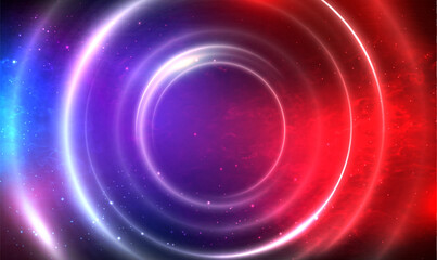 Futuristic circle portal hologram with glowing light. 3d vector fantasy neon ring frame with luminous glitter and swirl motion. Hologram portal swirl light of science futuristic. Teleport. Technology.