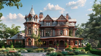 Obraz premium Generate a prompt for a photo realistic image of a Victorian era mansion with ornate trim, turret, and wrap-around veranda.