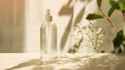 Mock up of unlabeled essence toner bottle in stylish natural light for face care cosmetics with space for text