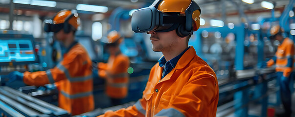 A worker in an orange safety jacket uses virtual reality technology in a modern factory setting, focusing on advanced machinery.