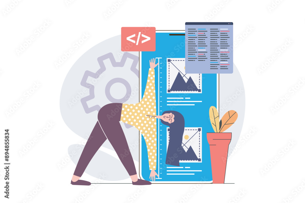 Leinwandbilder Web development concept in modern flat design for web. Woman developing and programming layout interface, engineering digital project for mobile phone, making settings on screen. Vector illustration.