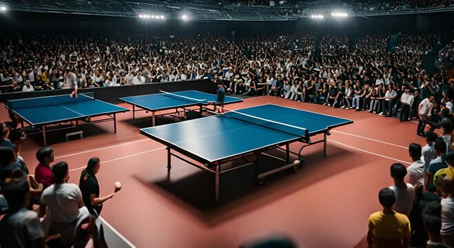 Ping pong table in a stadium. Ping pong championship.