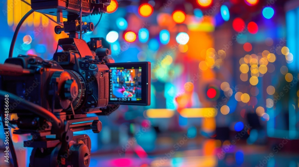 Aufkleber A professional camera is set up and recording a live event. The background is blurred with colorful lights, creating a festive atmosphere.