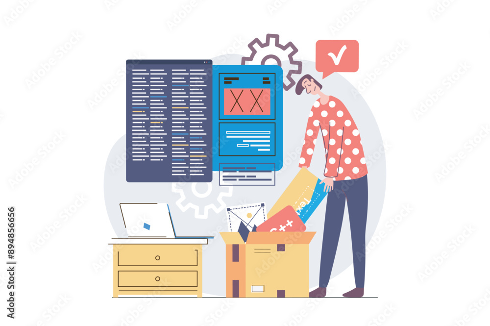 Poster Web development concept in modern flat design for web. Man developing and programming layout interface on screens, engineering digital project, making research and doing settings. Vector illustration.