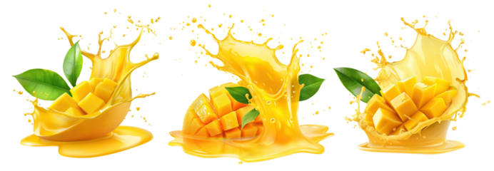 Set of fresh mango fruits with splashing juice and leaves, cut out