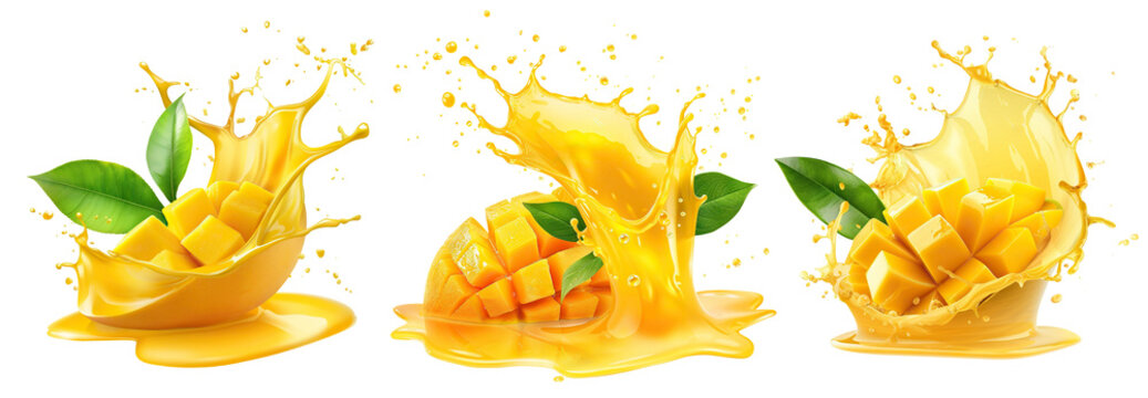 Set of fresh mango fruits with splashing juice and leaves, cut out
