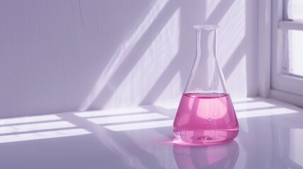 Laboratory study Pink liquid in flask on white surface