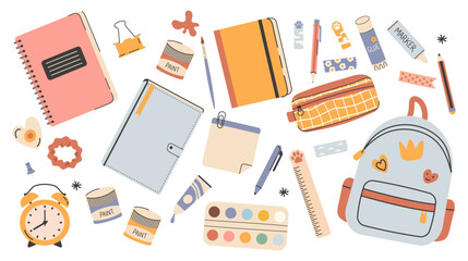 Back to school season. Set of art supplies and school stationery, cartoon style. Kawaii accessories for study, student equipment. 