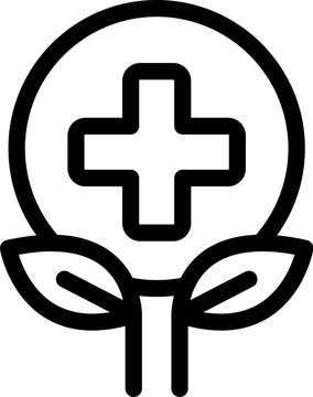 recommend clip art: Simple line art icon of a medical cross symbol growing from a plant with leaves
