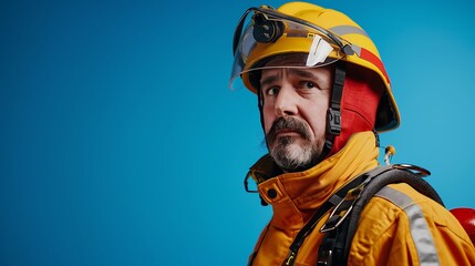 Fototapeta premium Portrait of a fireman and copy space blue background