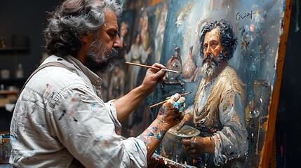 A professional artist working on a painting, 