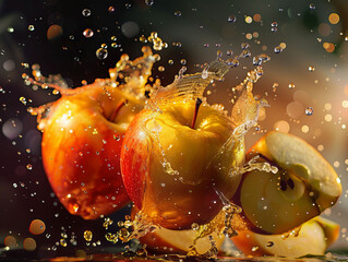ripe red apples in splashes of water on a dark background