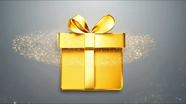 Animated golden gift box on gray background with frost effect. Shimmering gold present for festive ads, birthday celebration, seasonal campaigns, winter season holiday offers